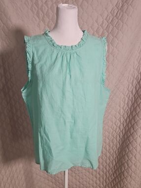 J. Crew Linen Cotton Mint Green Ruffle Edge Shell Tank Blouse